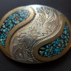 German Silver Vintage Turquoise Belt Buckle
